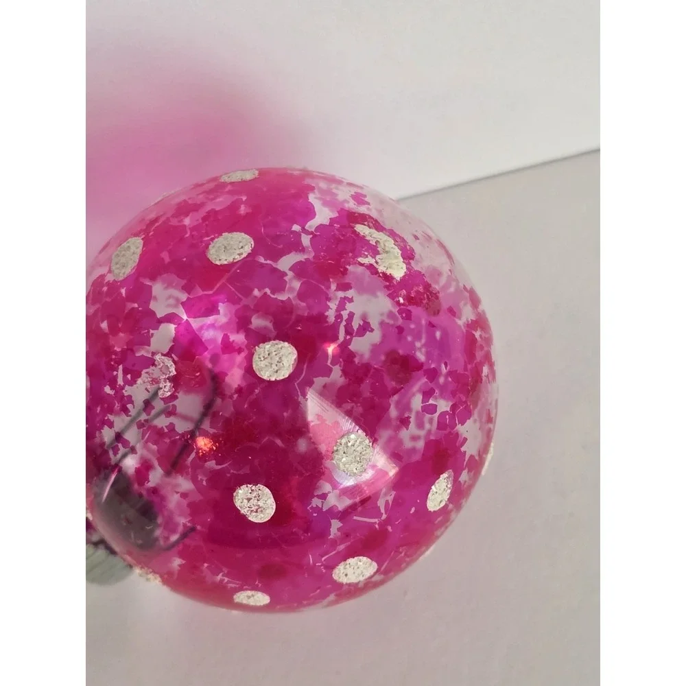 Vtg Shiny Brite Pink White Flocked UNSILVERED glass CHRISTMAS ORNAMENT Polkadot